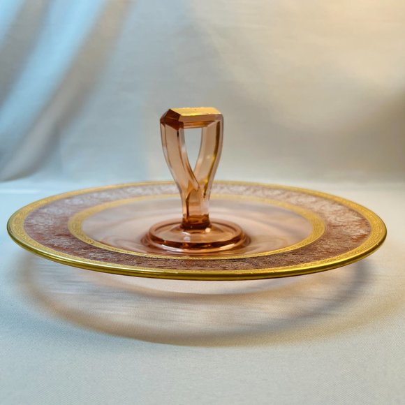 Glastonbury Vintage Pink Glass Center Handle Tidbit Tray Gold Gilt Regency Style - Picture 8 of 8